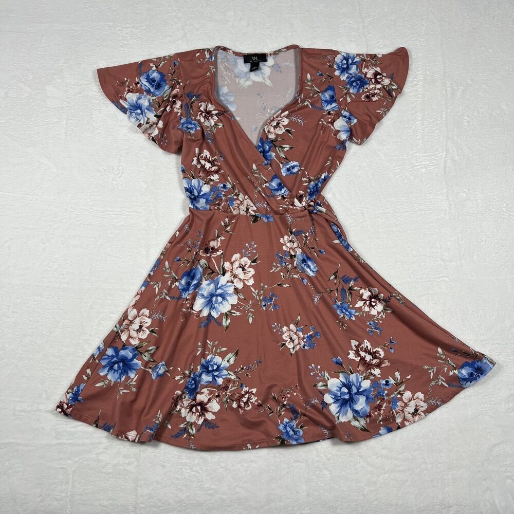 IN San Francisco Women's Floral Wrap Dress Size Small Rust Blue Flutter Sleeve